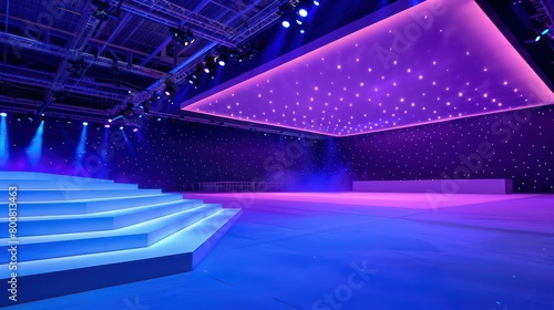 A massive blue and purple stage at an event