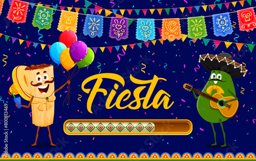Fiesta loading bar with Tex Mex food characters on Mexican holiday carnival, vector banner. Fiesta party loading bar, avocado mariachi with guitar and tamale in sombrero with papel picado flags
