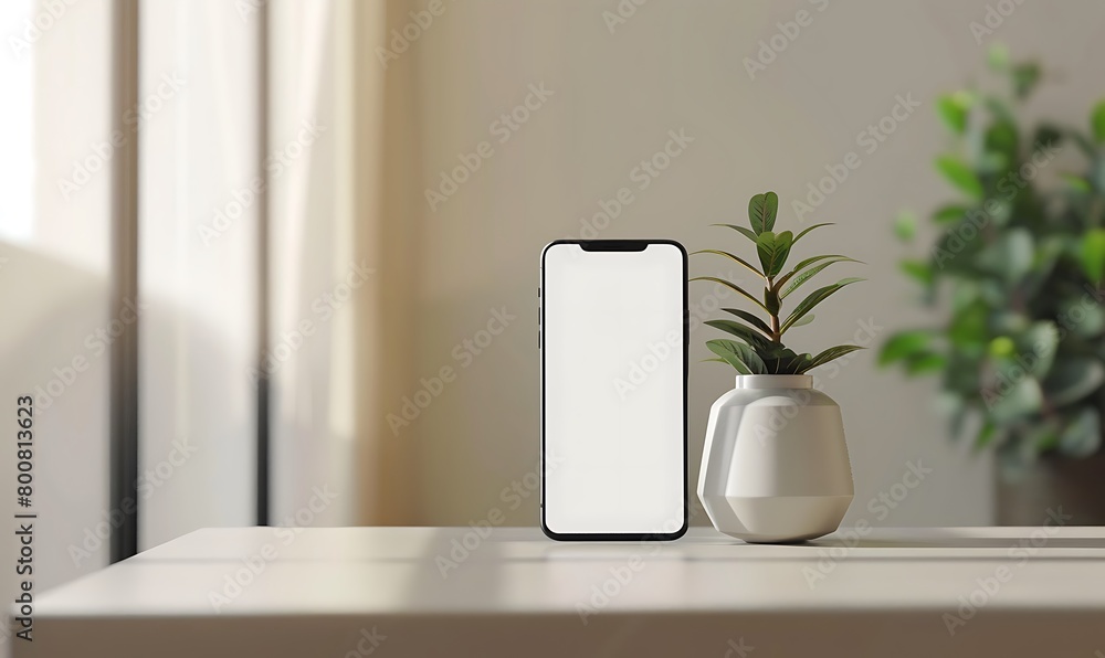 handphone mock-up placed on a table in a cozy room with a white screen background handphone mock-up placed on a table in a cozy room with a white screen background