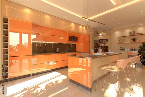 a modern kitchen with high ceilings and cabinets