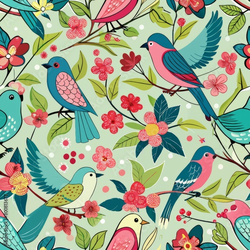 Seamless pattern of charming songbirds chirping in a blossoming garden  Generative AI