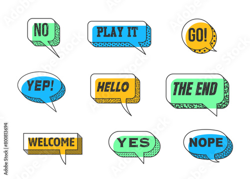 Memphis speech bubbles isolated vector set. Vibrant dialog clouds featuring bold colors, thick outlines and dynamic visual typography no, play it, go and yep, hello, the end, welcome, yes or nope