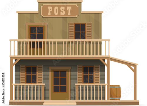 Western post office building or Wild West town and old wooden architecture, cartoon vector. Postal office in Western wood house with signage, Wild West American country house of Texas or Arizona