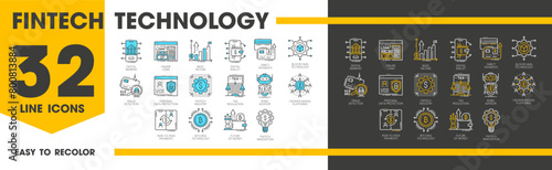 Fintech, blockchain and cryptocurrency technology, vector line icons. Digital banking and finance business icons of bitcoin wallet, crypto currency money payment and online fintech technology