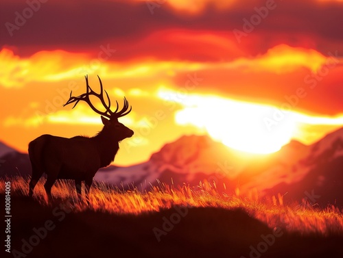 A majestic stag silhouetted against a fiery sunrise, with mist clinging to the valley below.