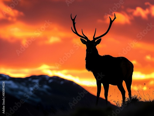 A majestic stag silhouetted against a fiery sunrise  with mist clinging to the valley below.