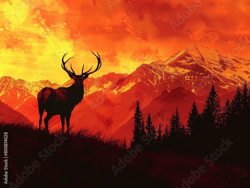 A majestic stag silhouetted against a fiery sunrise, with mist clinging to the valley below.