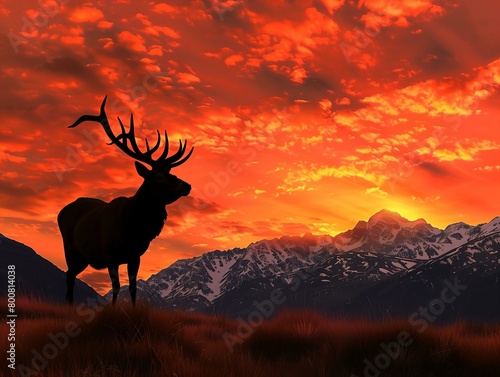 A majestic stag silhouetted against a fiery sunrise  with mist clinging to the valley below.
