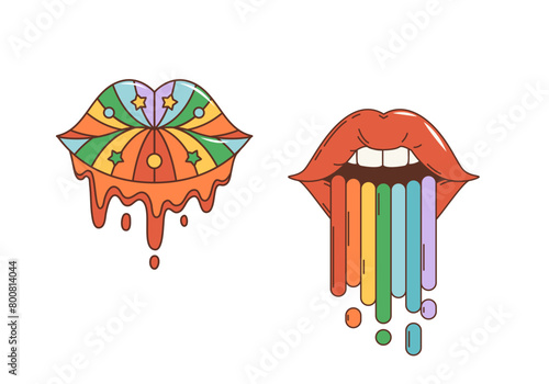 Cartoon retro hippie groovy woman lips with rainbow tongue, vector 70s pop art. Groovy kiss lips with rainbow colors liquid melt drips and stars, 1970s pop art or hippie and hipster cartoon sticker