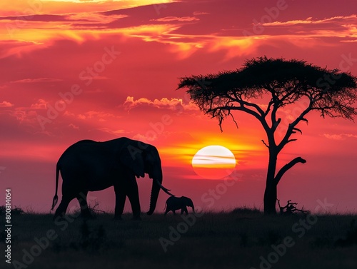 A breathtaking image of a large herd of elephants walking across the savanna at sunset  with a vibrant orange sky in the background.