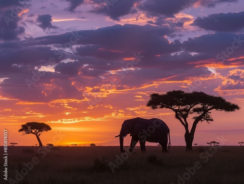 A breathtaking image of a large herd of elephants walking across the savanna at sunset  with a vibrant orange sky in the background.