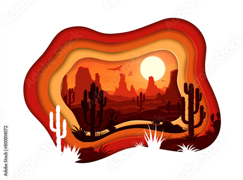 Mexican desert landscape in paper cut shape with cactus and mountains, vector background. Mexico, Texas or Arizona desert valley with canyon rocks, flying eagles and sun in sky in paper cut layers