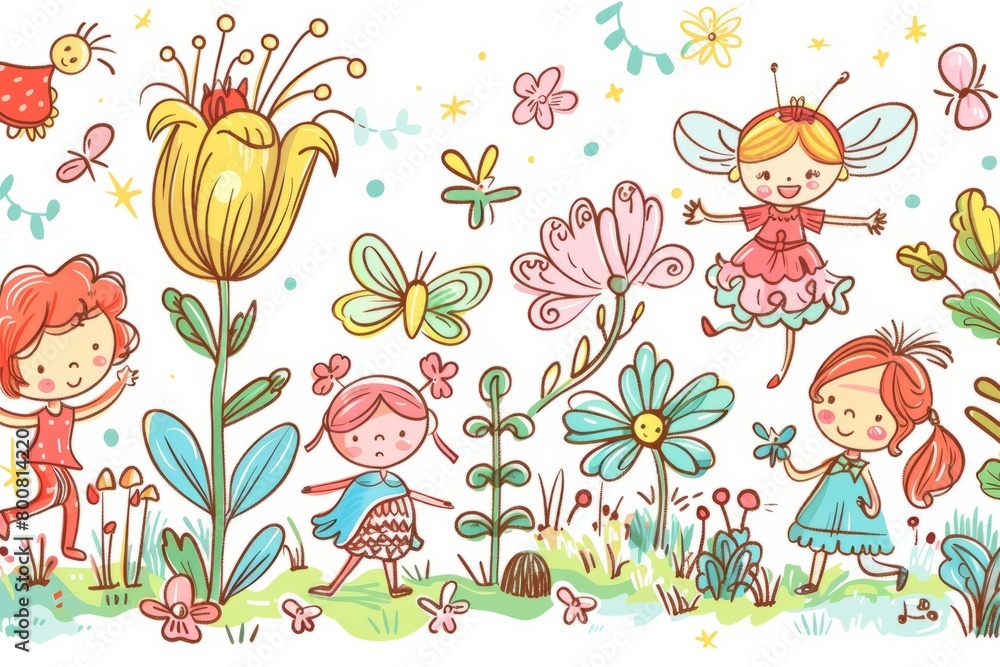 Cartoon cute doodles of kids exploring an enchanted garden filled with talking flowers, mischievous fairies, and playful woodland creatures, Generative AI