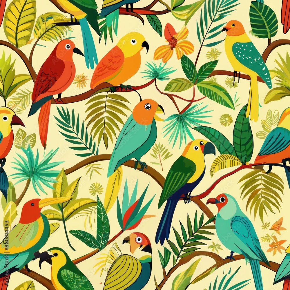 Seamless pattern of colorful tropical birds perched on branches, Generative AI Seamless pattern of colorful tropical birds perched on branches, Generative AI