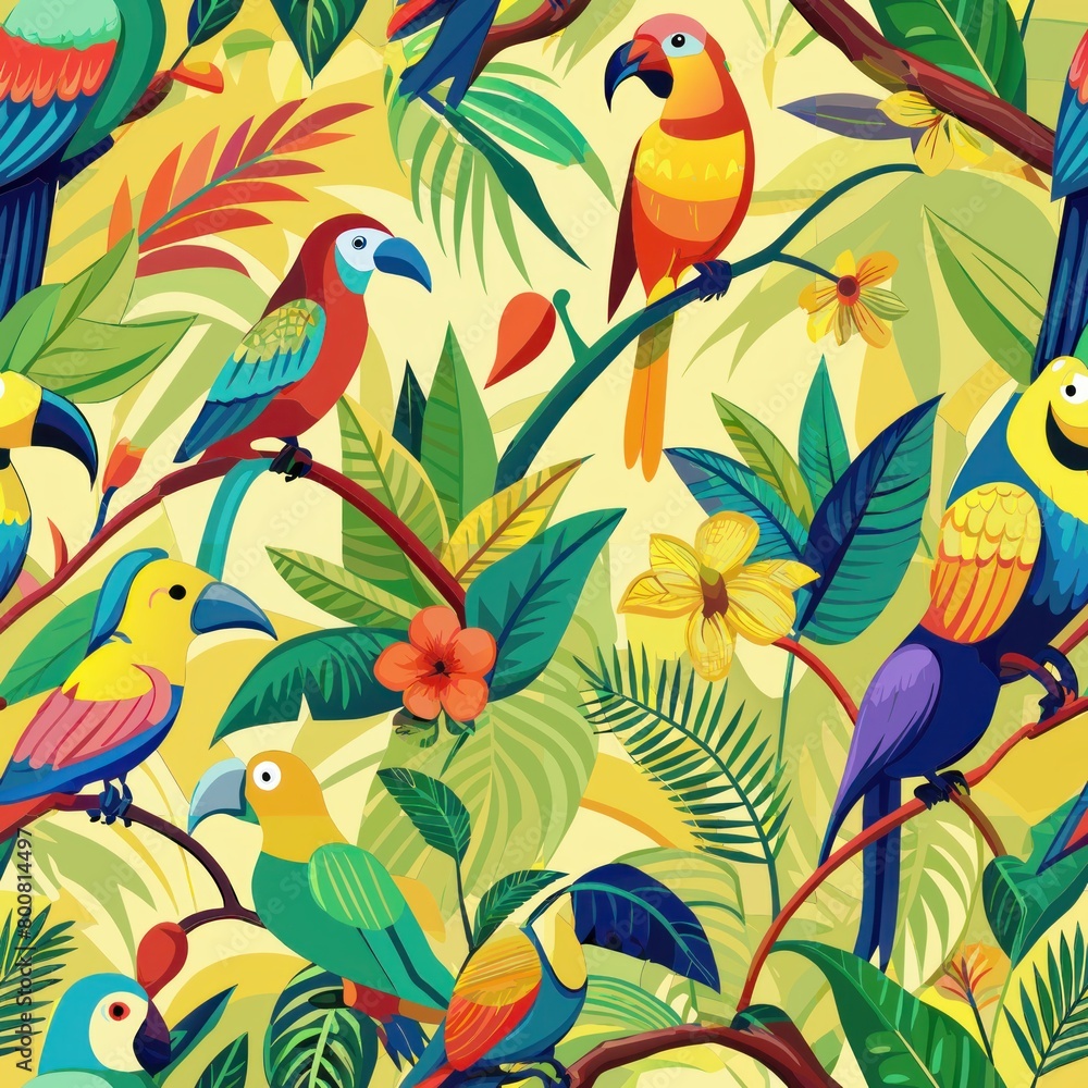 Seamless pattern of colorful tropical birds perched on branches, Generative AI