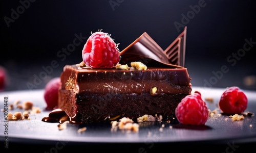 Decadent chocolate cake adorned with fresh raspberries, drizzled with rich chocolate sauce, perfect combination of sweet, tart flavors. For advertise cafe, patisserie, restaurant, food blog, cookbook.