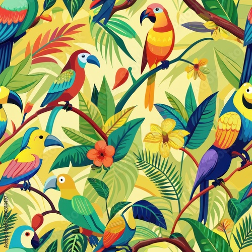 Seamless pattern of colorful tropical birds perched on branches  Generative AI