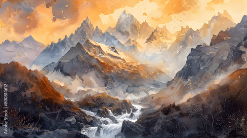 A watercolor illustration depicts the beauty of a majestic mountain range at sunrise, showcasing its grandeur and tranquility, with its snow-capped peaks and crystal-clear streams.