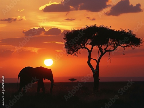 A breathtaking image of a large herd of elephants walking across the savanna at sunset, with a vibrant orange sky in the background. © IQRAMULSHANTO