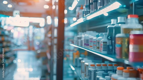 Pharmacy blur background with medicine on shelves. Drugstore interior bokeh. Healthcare and medicine concept. AI generated.