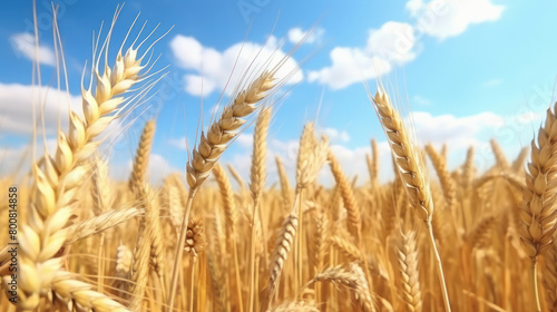 Dry wheat crop at agriculture field on sky background