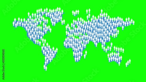 Animation of stick figures on world map as overpopulation concept on green screen background photo