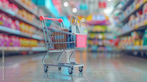 Shopping Cart in Aisle, Symbolizing Ease of Voice Shopping in the Busy Retail Environment,Voice Commerce,Livestream shopping