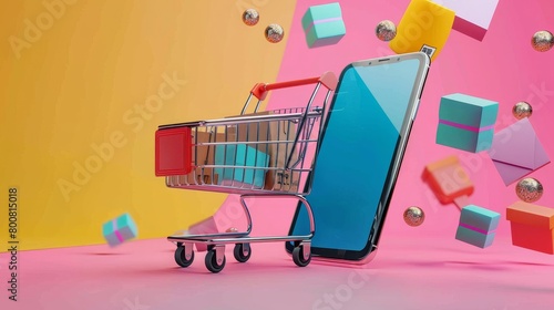Vibrant E-Commerce Concept with Trolley and Tech, Perfect for Voice Shopping Campaigns,Voice Commerce,Voice Shoping,Online Shopping,Livestream shopping