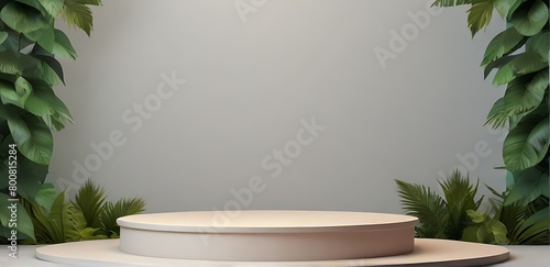 White round podium with thin frame in green interior with leaf silhouettes behind the translucent wall. Empty space to showcase your beauty product. Three dimensional illustration