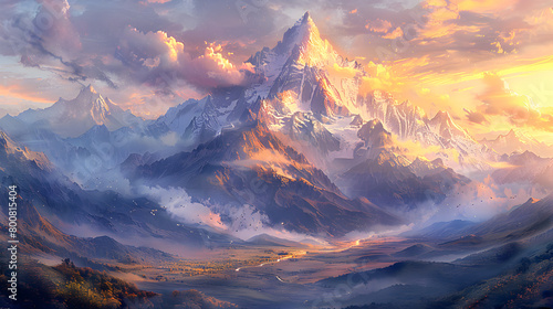 A watercolor illustration capturing the awe-inspiring beauty of a snow-capped mountain range at sunrise, with crystal-clear streams cascading down rocky slopes and nourishing lush valleys below. © ELmidoi-AI