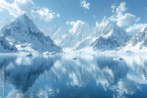  Snowy mountains surrounded by ice and snow, a frozen lake in the middle. Created with Ai