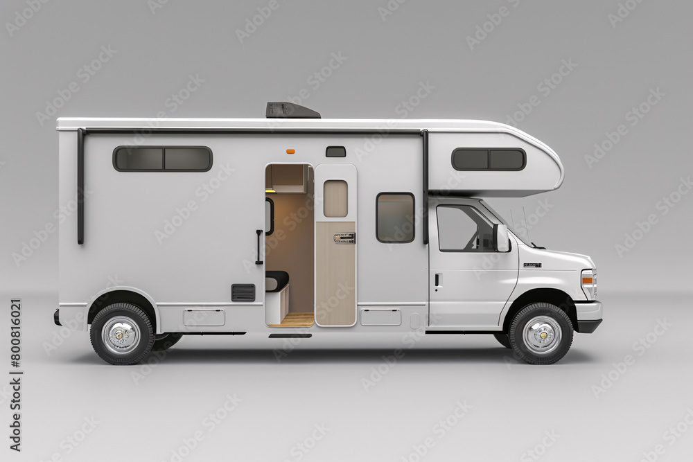 A delivery van truck with a trailer on a plain white background features a classic transportation vehicle that is versatile for cargo and travel