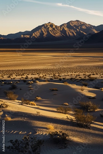 Remote Desert Landscape Surrounding Area 51, Bathed in The Golden Light of Dawn, With Shadows Stretching Across The Sand And Mountains in The Distance, Generative AI (ID: 800816212)