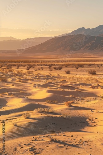Remote Desert Landscape Surrounding Area 51, Bathed in The Golden Light of Dawn, With Shadows Stretching Across The Sand And Mountains in The Distance, Generative AI (ID: 800816266)