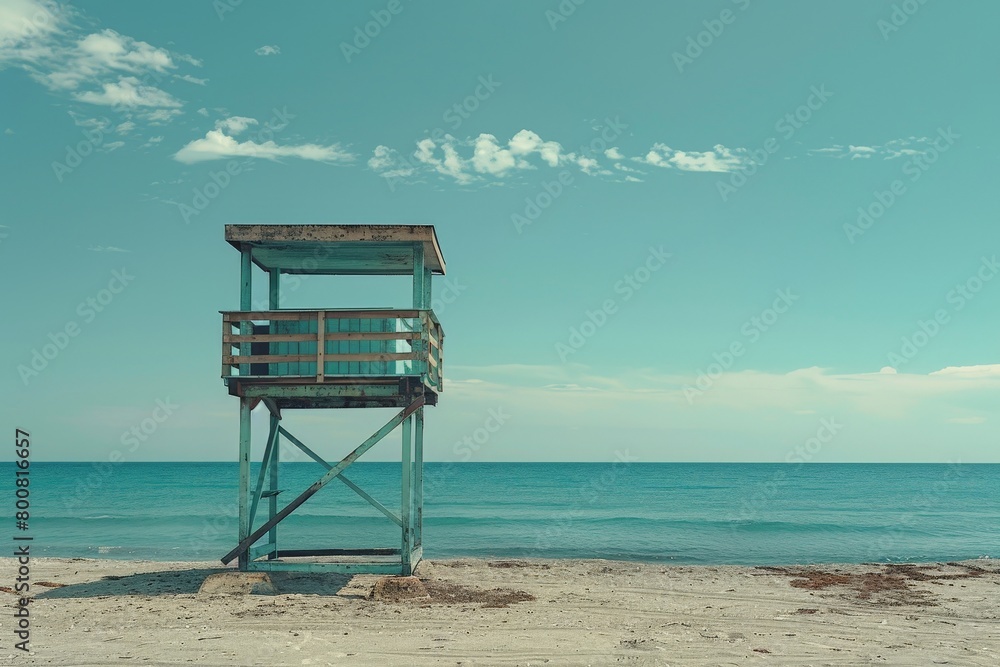 A scenic view of a lifeguard tower with the ocean in the backdrop, designed in a style vintage.