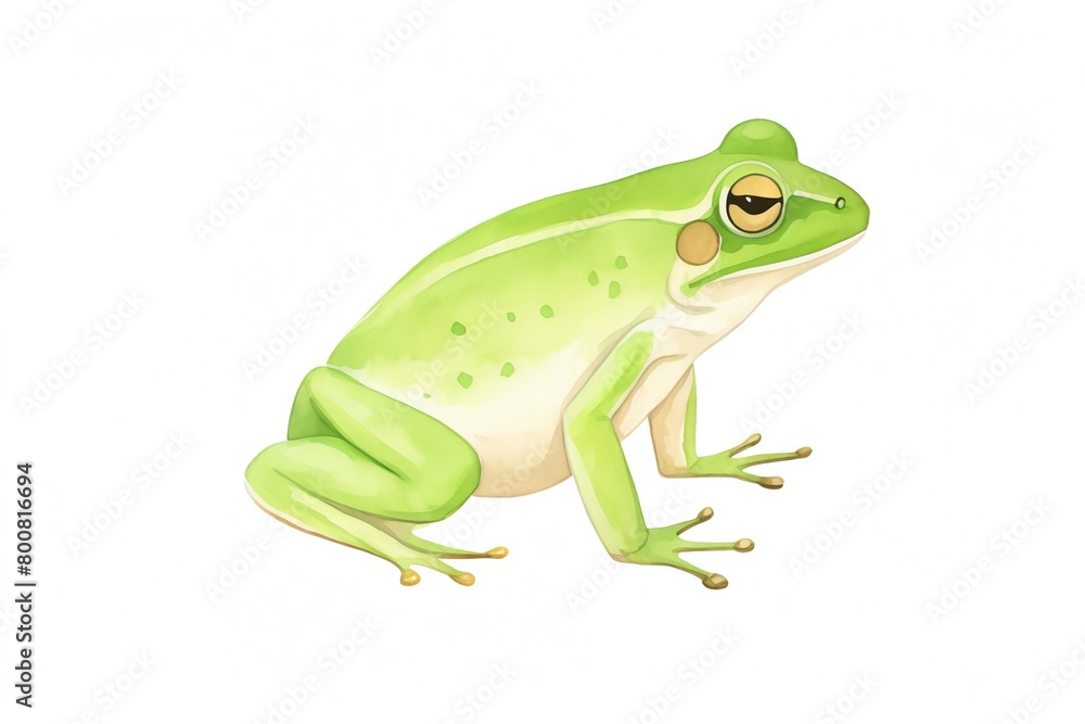 Obraz premium A watercolor painting of a green frog sitting on a white background. The frog is looking to the right of the frame.