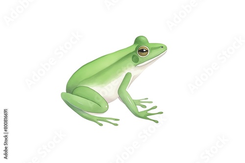 A green frog sits on a white background. The frog is looking to the right of the frame. Its mouth is closed and its eyes are open. The frog's skin is smooth and shiny.