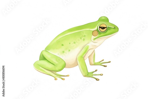 A watercolor painting of a green frog sitting on a white background. The frog is looking to the right of the frame.