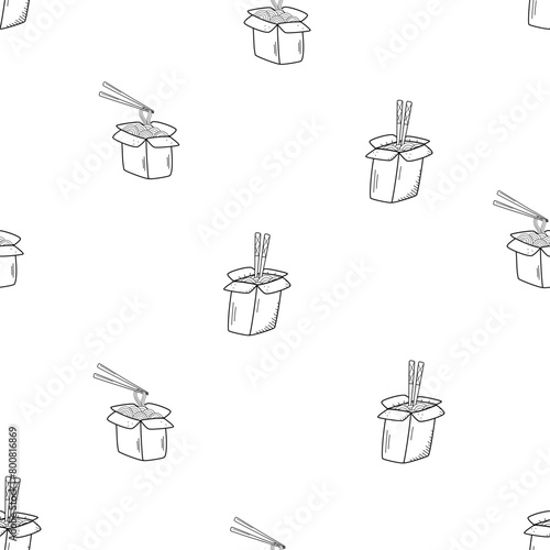 Seamless pattern Noodles with chopsticks in a box, doodle icon. Vector illustration of Chinese food, udon.