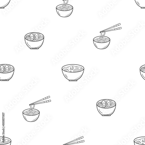 Seamless pattern Soup with noodles, eggs, and shrimp in a bowl. Vector illustration of Asian cuisine, doodle icons for restaurant menus.