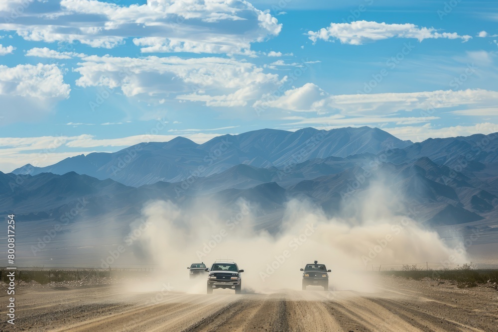 Remote Desert Roads Leading to Area 51, With Dust Clouds Billowing Behind Vehicles as They Approach The Heavily Guarded Perimeter, Generative AI