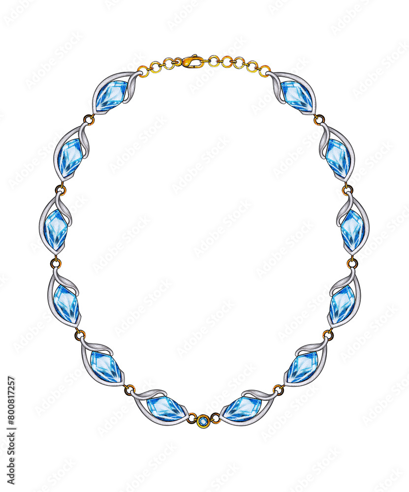 Necklace jewelry modern art design set with blue topaz sketch by hand on paper. Necklace jewelry modern art design set with blue topaz sketch by hand on paper.