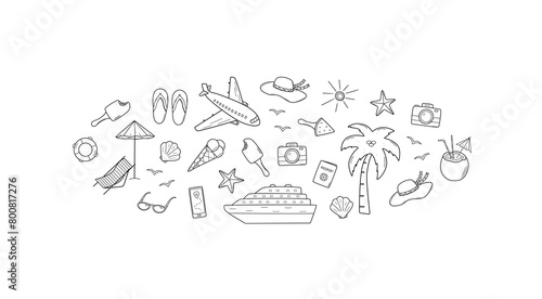 Set of summer travel doodle style icons. Vector illustration of the elements of tourism and beach holidays.