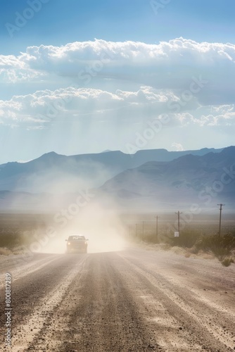 Remote Desert Roads Leading to Area 51, With Dust Clouds Billowing Behind Vehicles as They Approach The Heavily Guarded Perimeter, Generative AI (ID: 800817289)