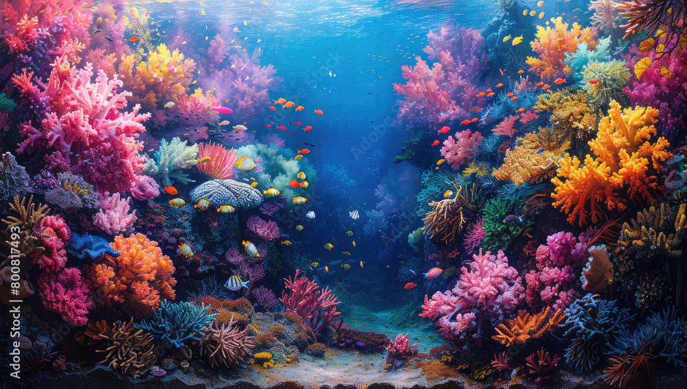  A vibrant coral reef teeming with colorful marine life, showcasing the beauty of underwater worlds and highlighting key themes for World Wildlife Day. Created with Ai