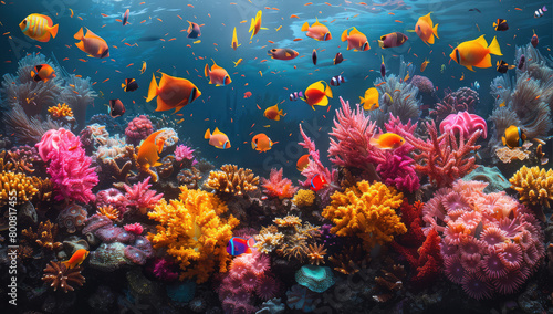  A vibrant coral reef teeming with colorful marine life  showcasing the beauty of underwater worlds and highlighting environmental themes for World Wildlife Day. Created with Ai