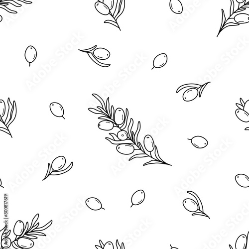 Seamless pattern sea buckthorn branches. Vector illustration of a healing edible berry. Background wallpaper