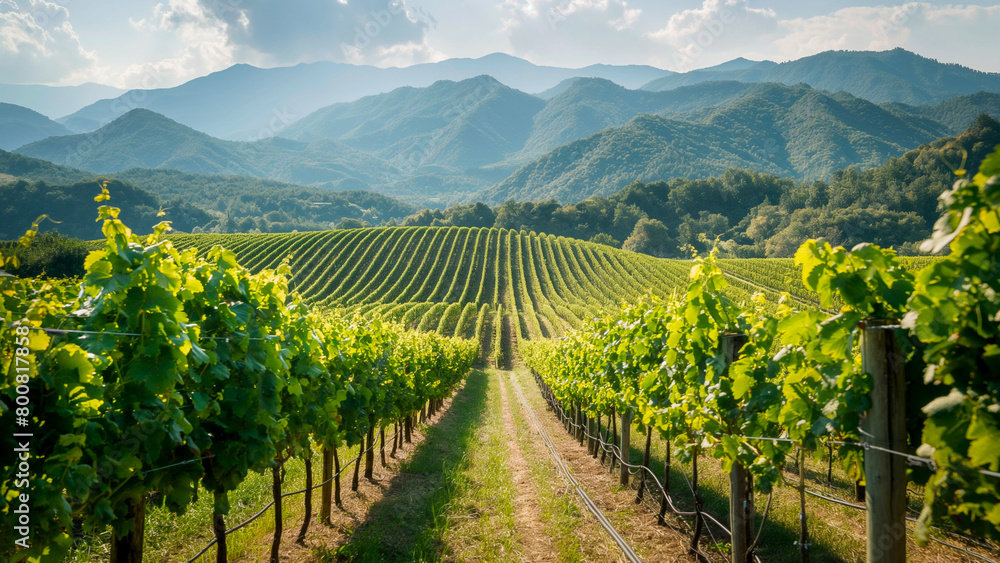 Vineyard surrounded with mountains.
