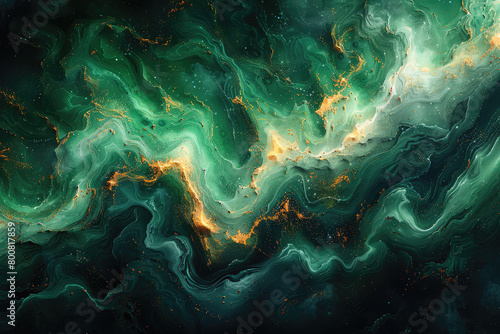 A highresolution, hyperrealistic digital art rendering of an abstract marble pattern with deep emerald green and gold accents. Created with Ai