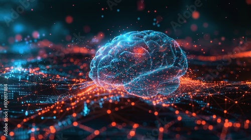 An abstract illustration of a brain with electrical impulses being transformed into quantum bits symbolizing the merging of biological and quantum processes in neural networks..